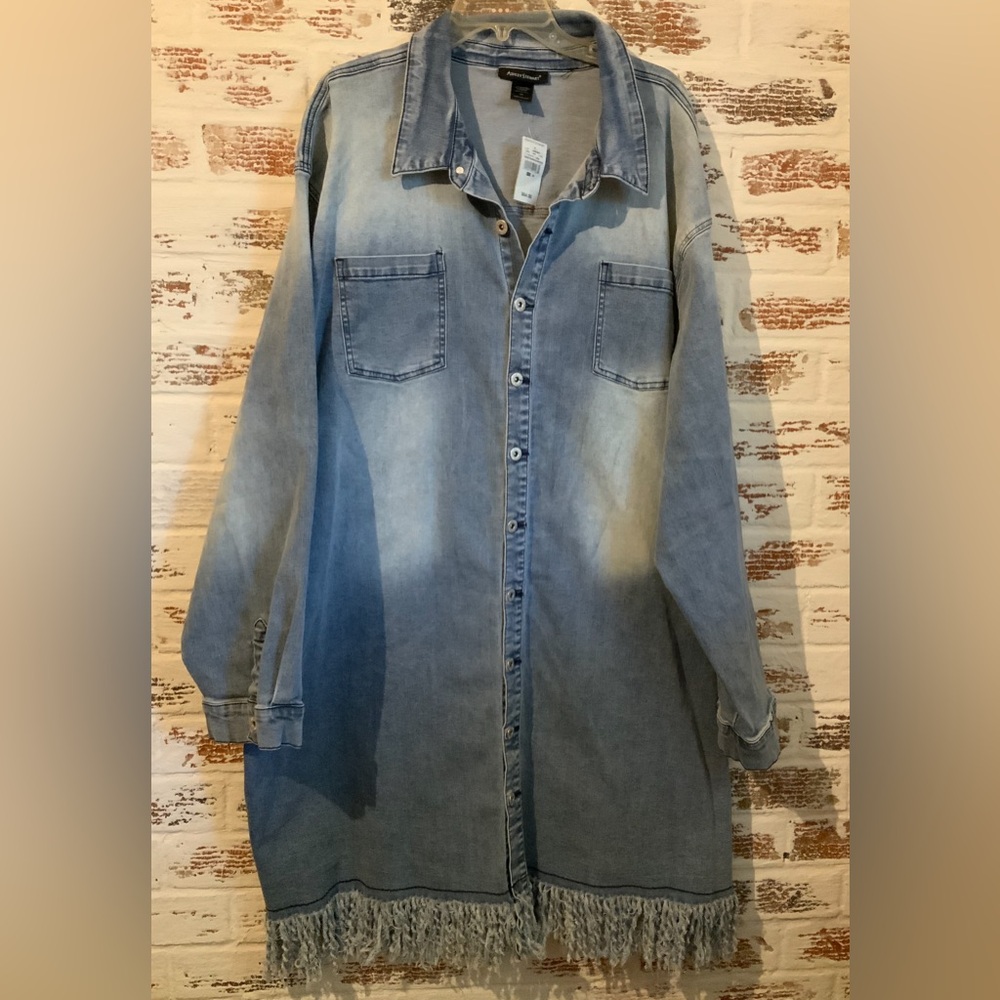 Ashley Stewart Denim Dress Long Sleeve Distressed Fringe Trim Plus Size 28 NWT